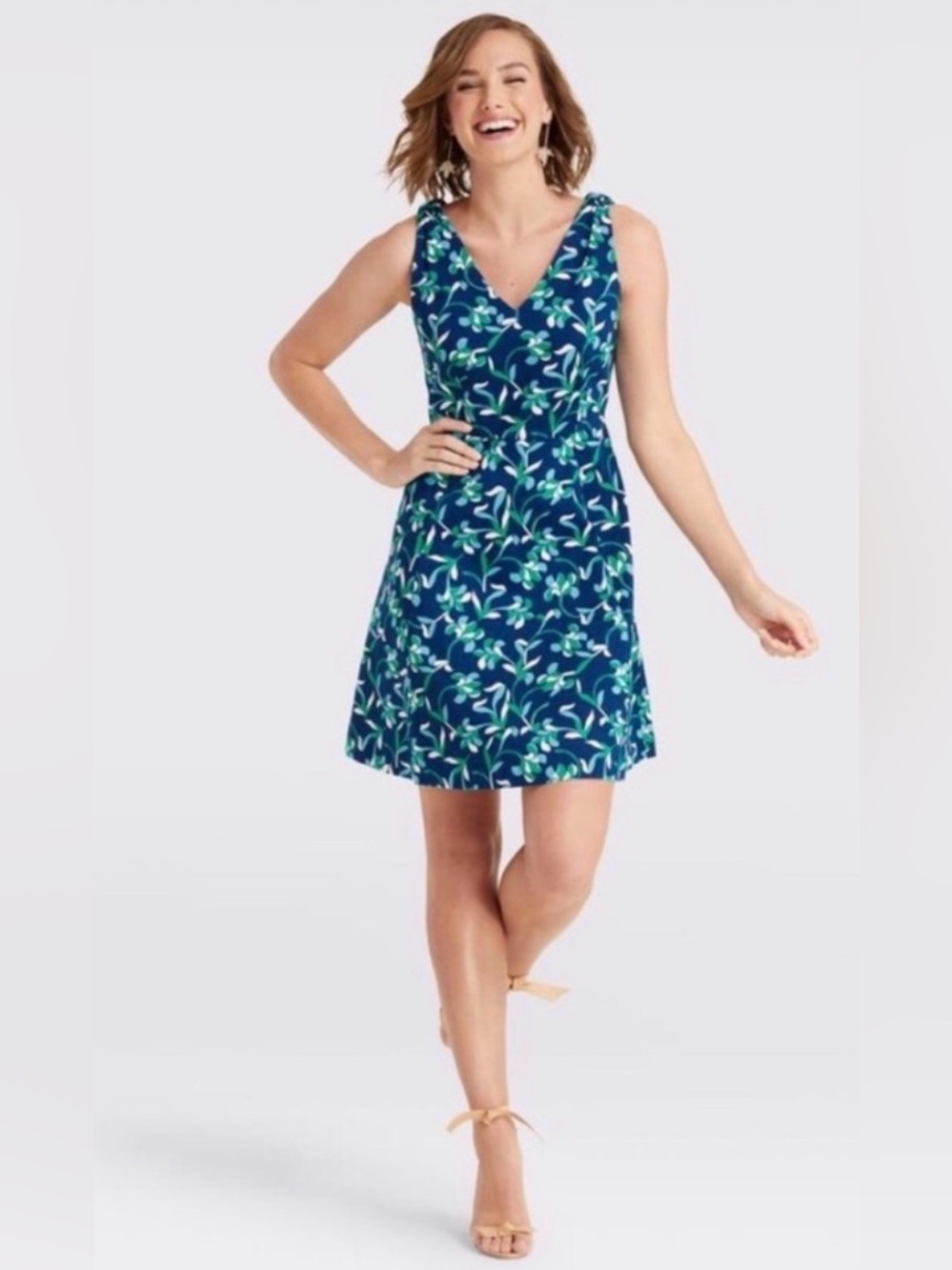 Draper James Blue Floral Knotted-Shoulder V-Neck Dress